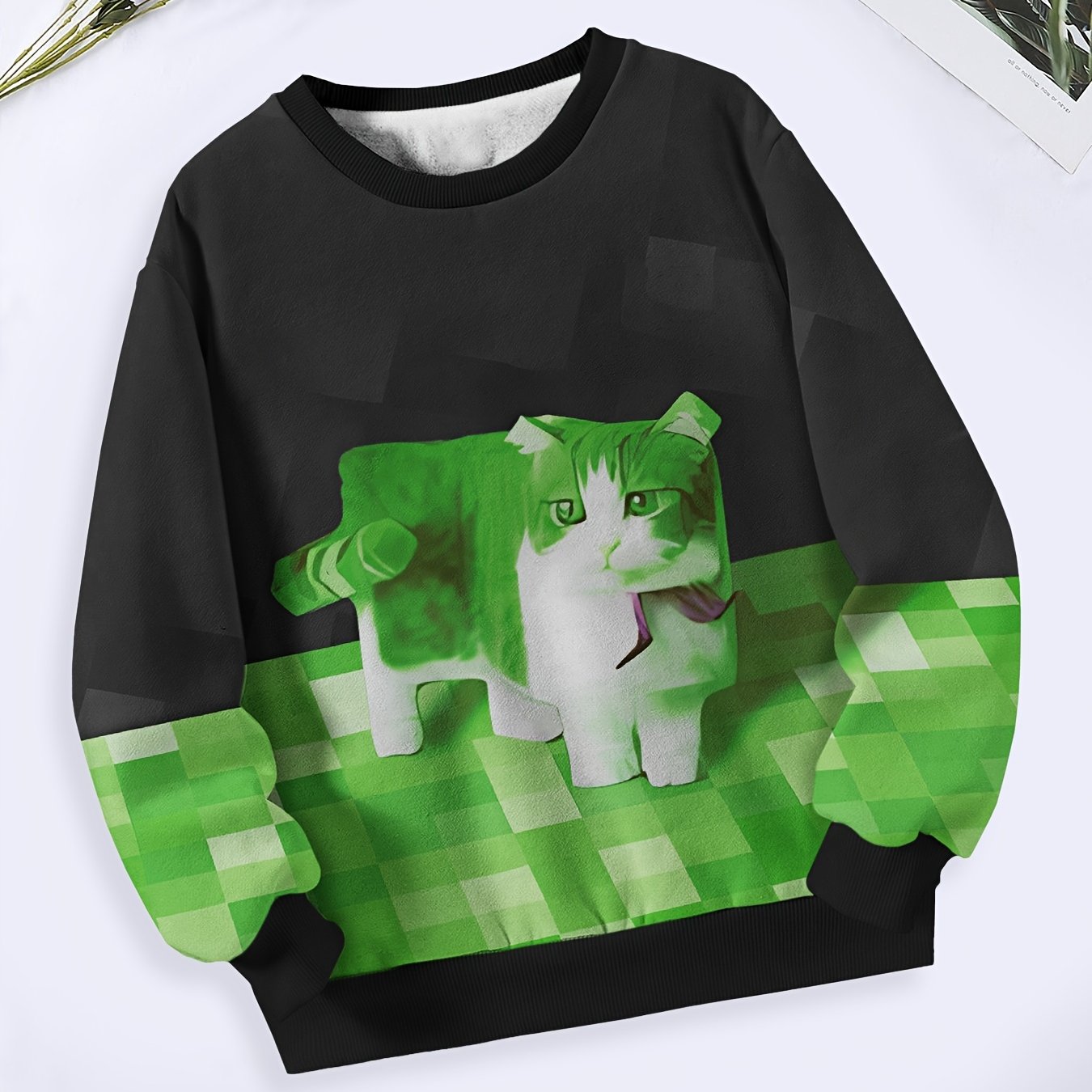 Creative Block Kitty Pattern Long Sleeve Crew Neck Sweatshirt