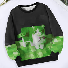 Creative Block Kitty Pattern Long Sleeve Crew Neck Sweatshirt