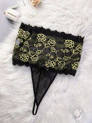 Floral Embroidery Lingerie Set with Plunge Bra and Mesh Skirt