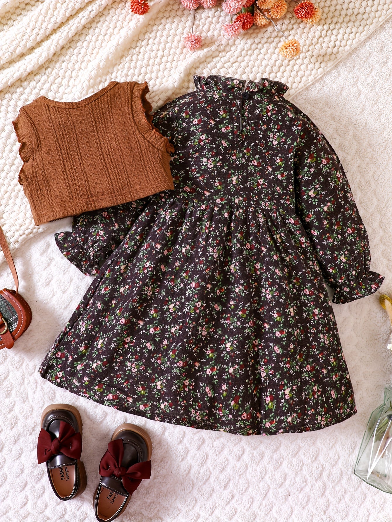 Girl's Floral Dress & Knitted Vest Set for Spring/Autumn