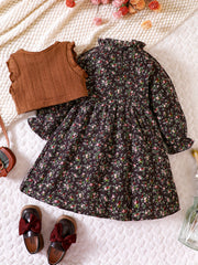 Girl's Floral Dress & Knitted Vest Set for Spring/Autumn