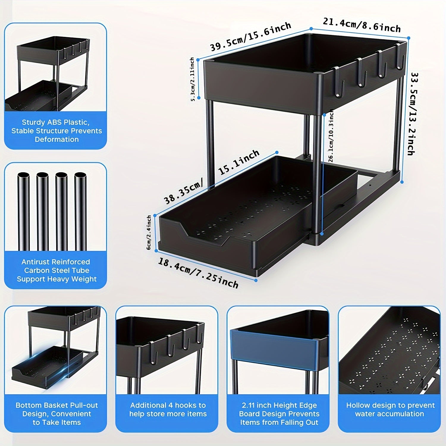 2 Tier Sliding Cabinet Basket Organizer Drawer for Bathroom Organization