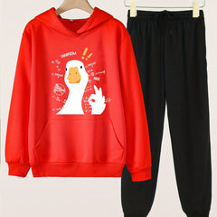 2pcs Goose Print Girls Hoodie & Sweatpants Set