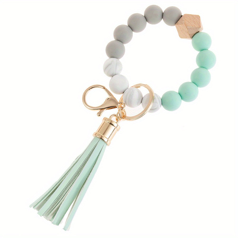 Silicone Keychain Tassel Wooden Beads Wrist Keyrings Bracelet