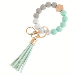 Silicone Keychain Tassel Wooden Beads Wrist Keyrings Bracelet