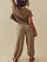Solid Cap Sleeve Round Neck Crop Knit Top