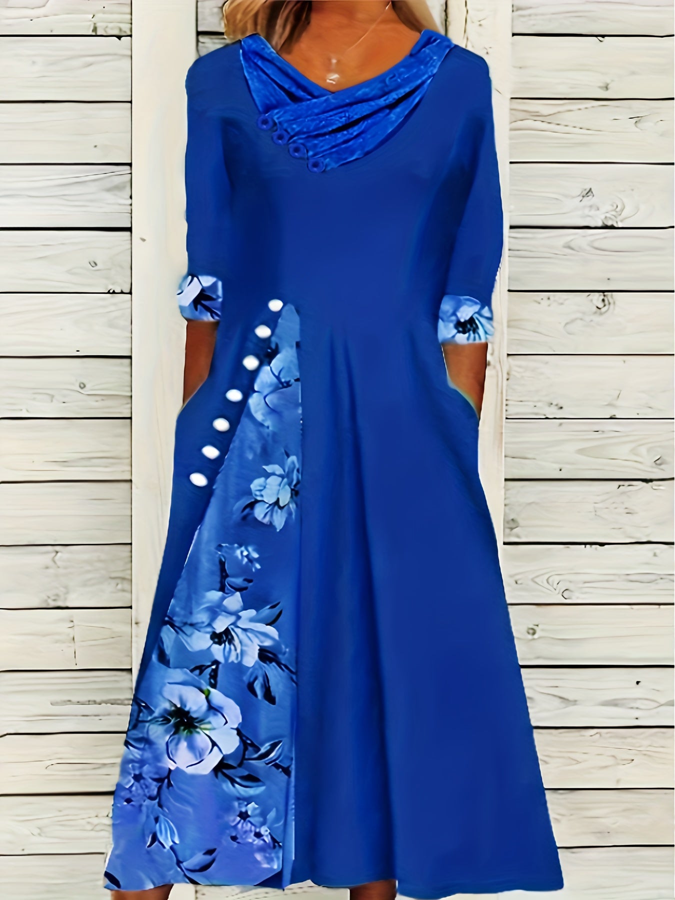 Colorblock Floral Print Half Sleeve Dress with Pockets