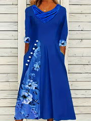Colorblock Floral Print Half Sleeve Dress with Pockets