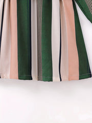 Retro Stripe Print Long Sleeve Dress With Belt