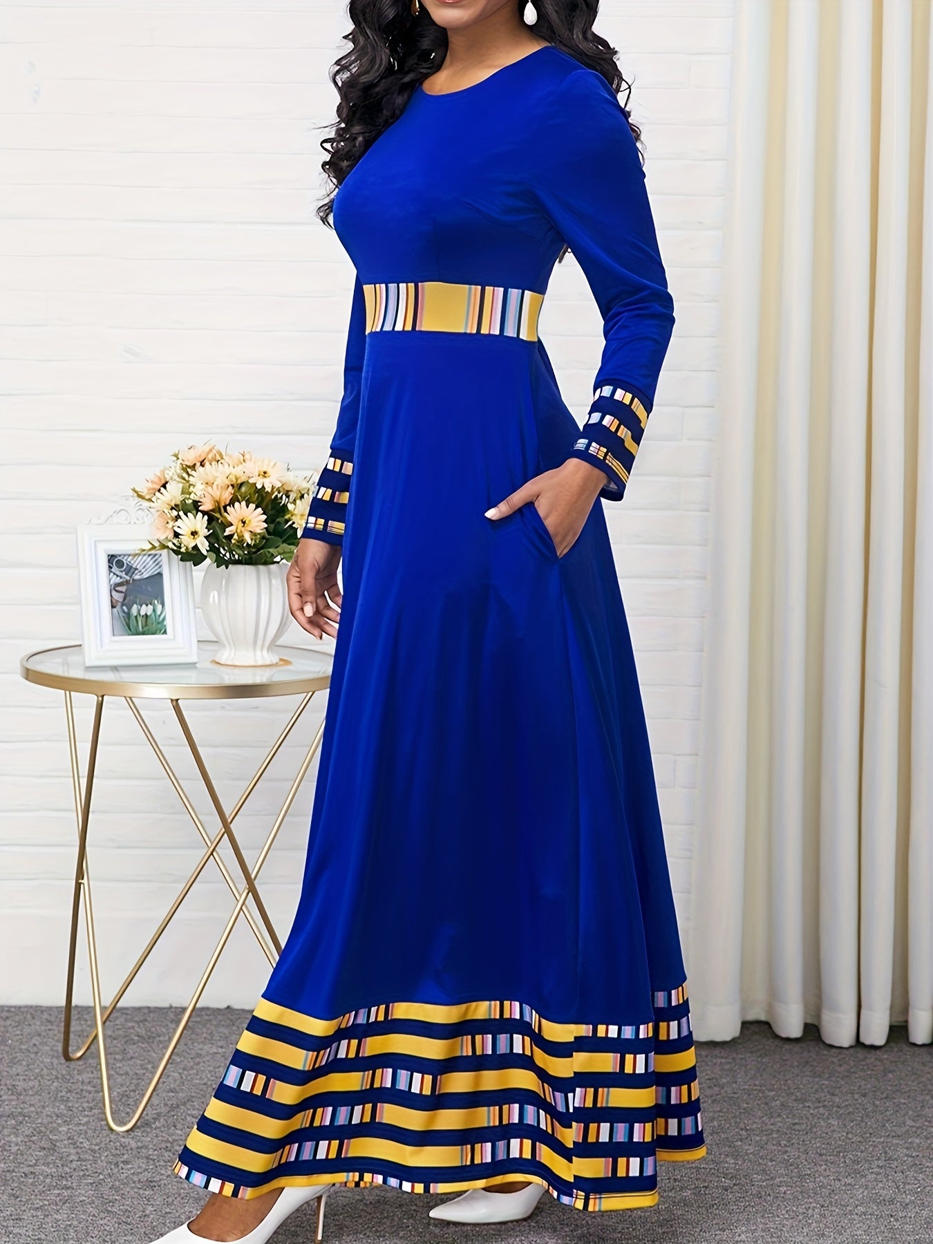 Colorblock Stripe Print Long Sleeve A line Maxi Dress
