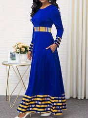 Colorblock Stripe Print Long Sleeve A line Maxi Dress