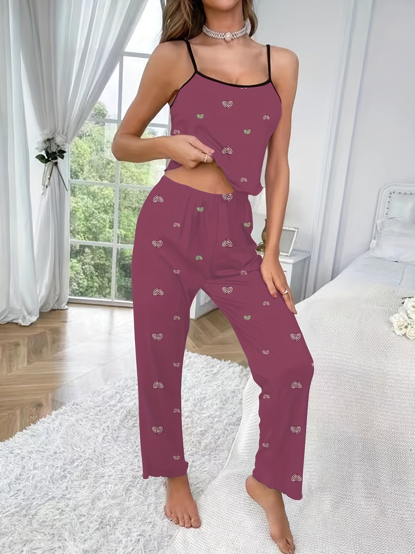 Heart Print Pajama Set Cami Top & Pants