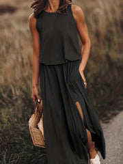 Split Solid Dress Casual Crew Neck Sleeveless Blouson Dress