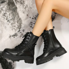 Women's Platform Combat Boots Round Toe Chunky Low Heeled Boots