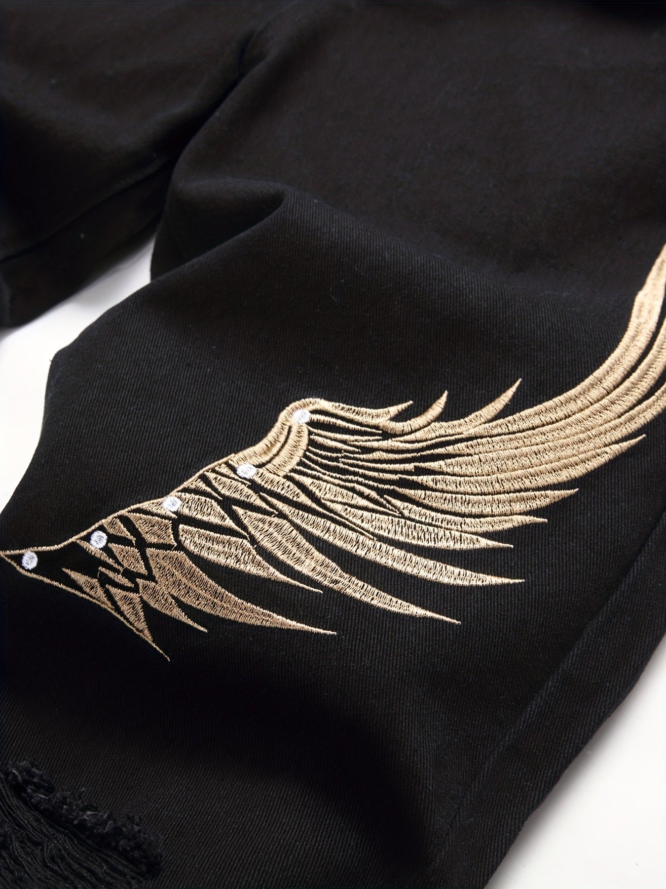 Men's Wing Embroidery Jeans Distressed Denim Pants