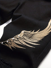 Men's Wing Embroidery Jeans Distressed Denim Pants
