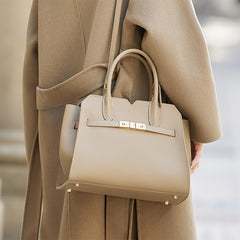 Large Capacity Beige Leather Handbag with Adjustable Strap