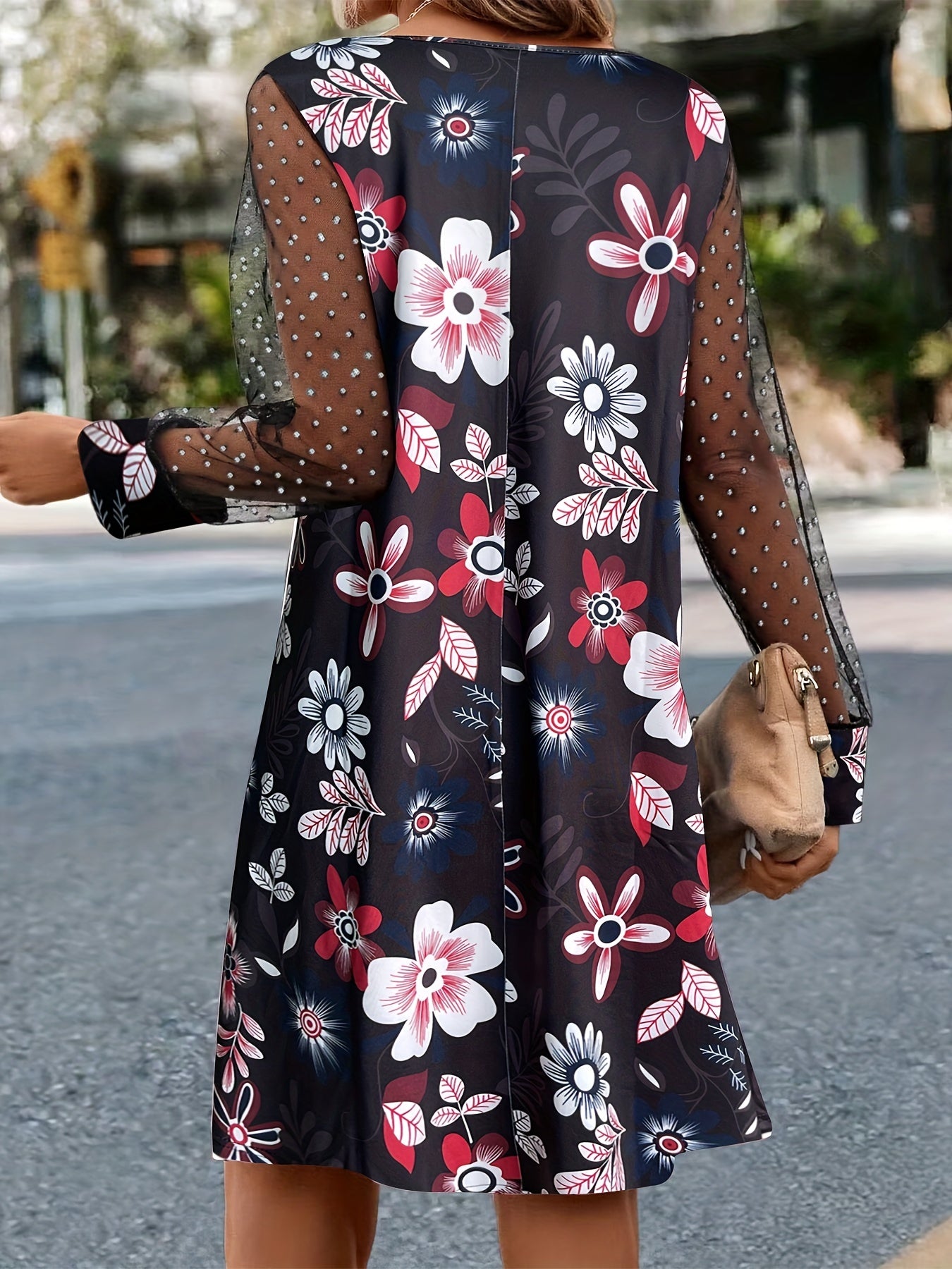 Floral Print Mesh Sleeve V Neck Dress