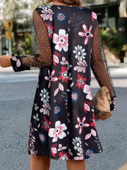 Floral Print Mesh Sleeve V Neck Dress
