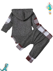 Baby Boys Hooded Romper & Plaid Pants Set for Autumn & Winter