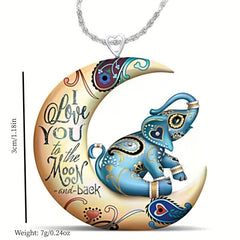 Colorful Funky Animals Elephant Moon Pendant Necklace Jewelry Accessories