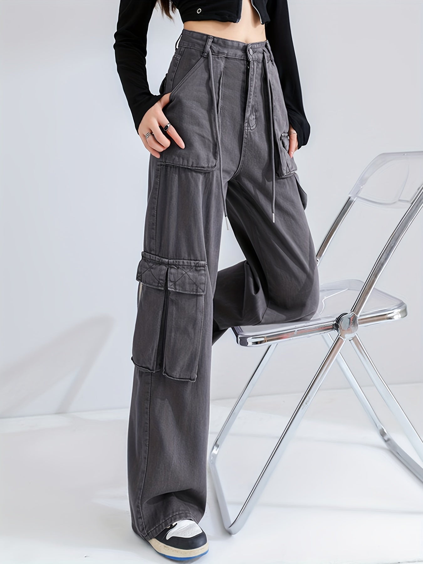 Grey Cargo Pants Loose Fit High Waist Straight Jeans