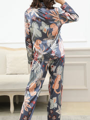 Leopard Print Satin Pajama Set Long Sleeve Top & Pants