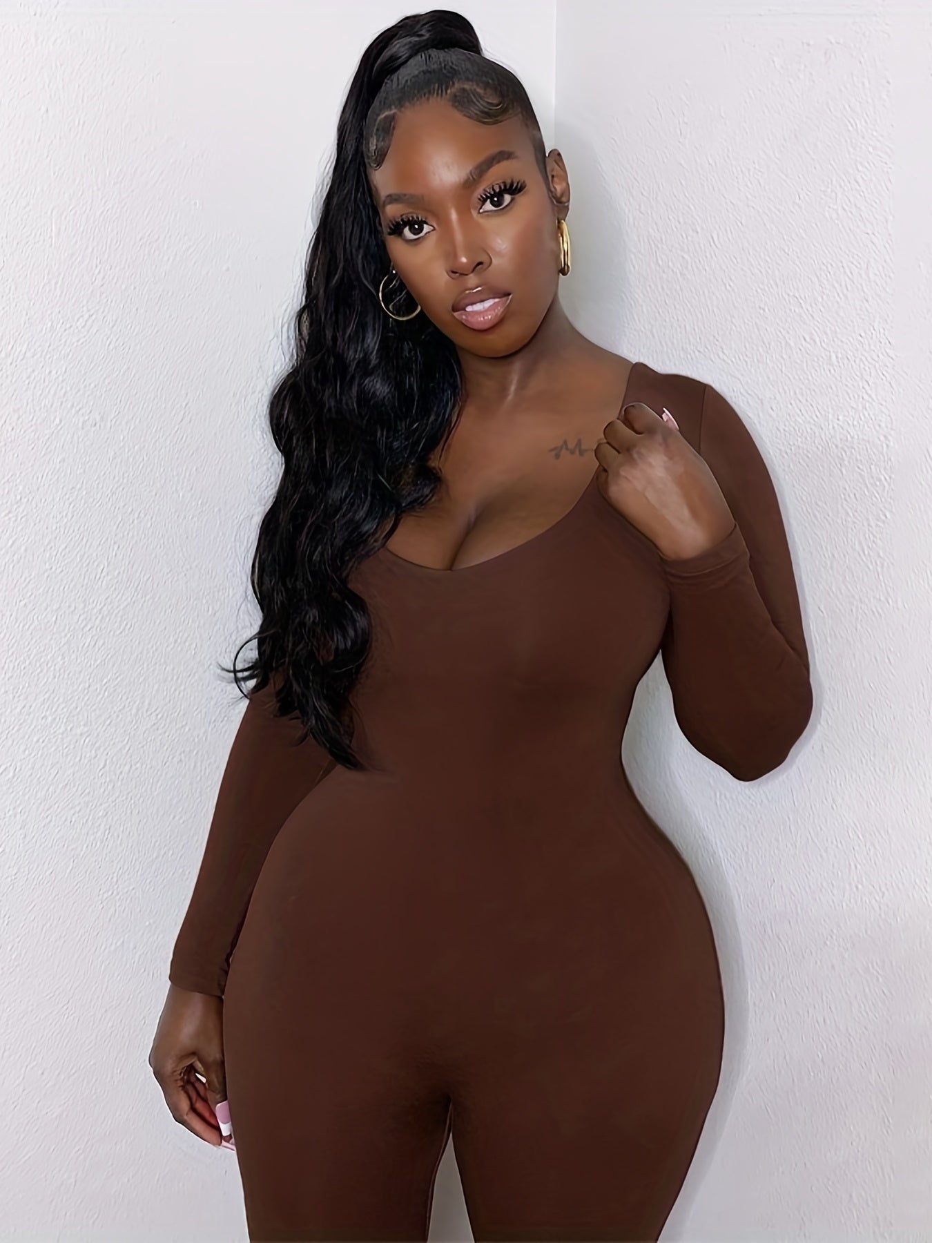 Solid U Neck Jumpsuit Long Sleeve Bodycon Workout Jumpsuit