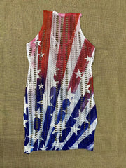 Star Flag Print Hollow Out Dress V Neck See Through Crochet Split Cover Up Dress