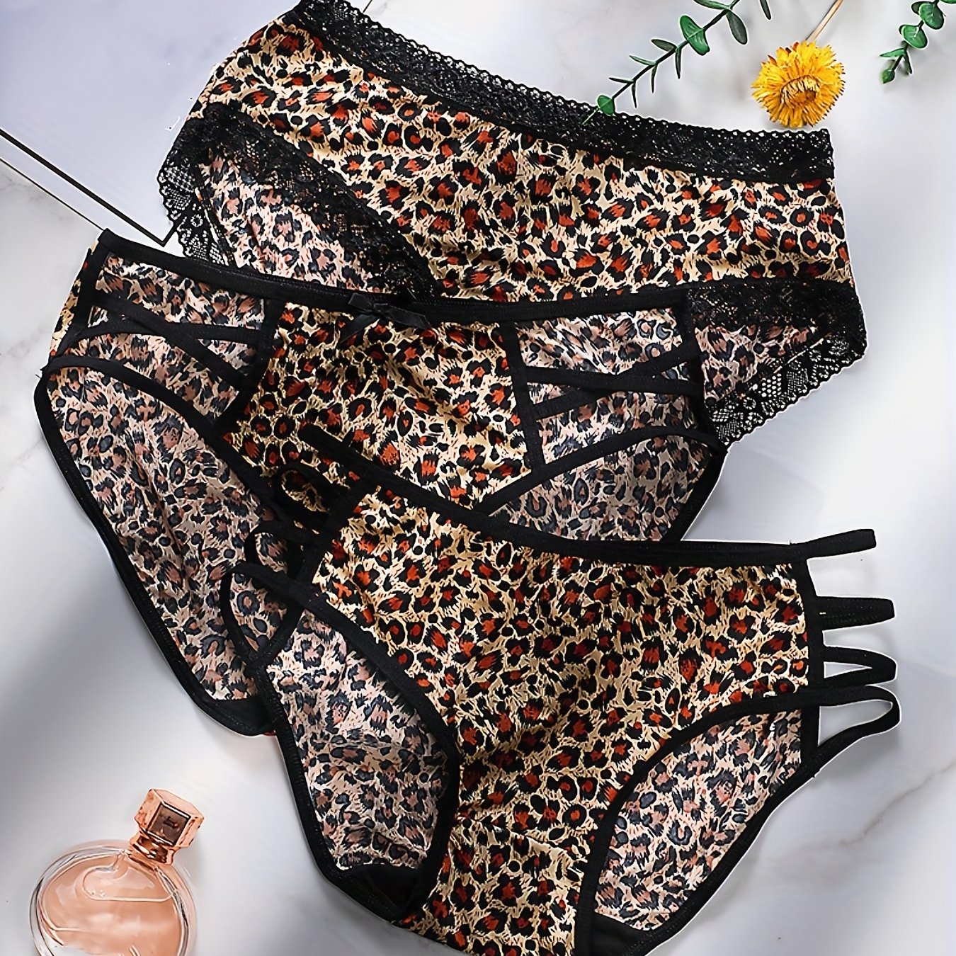 3pcs Leopard Print Briefs Soft Elastic Intimates Panties Women's Lingerie