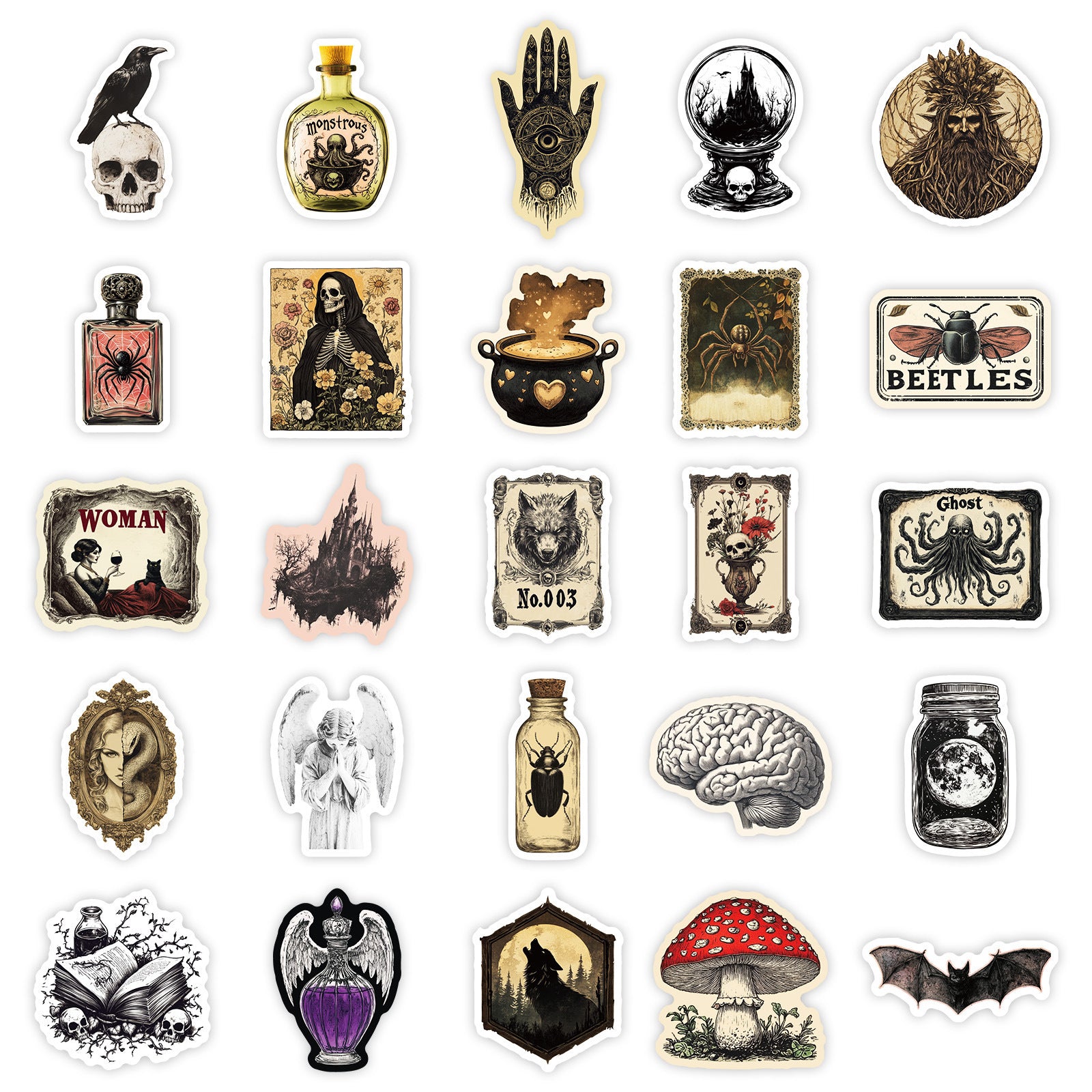 50pcs Vintage Goth Stickers Waterproof Vinyl Decals Skull Mushroom Bat Dragon