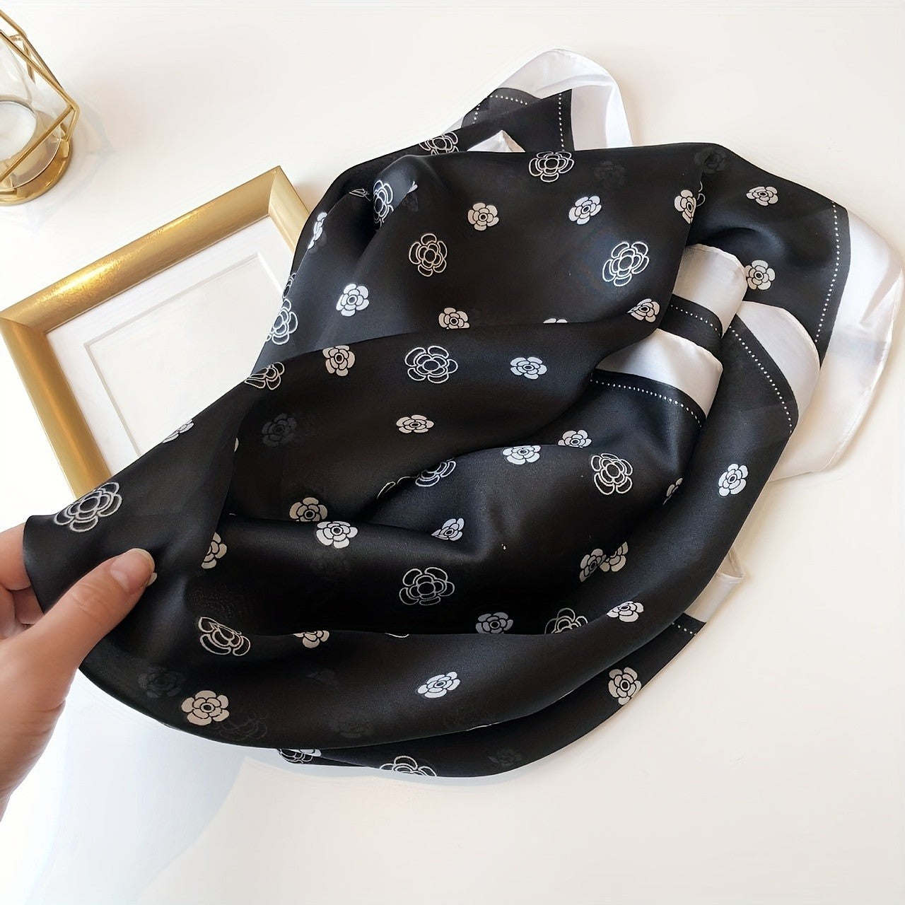 Camellia Flower Bandana Silk Neckerchief Scarf Head Wrap