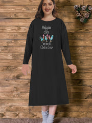 Rooster & Slogan Print Long Sleeve Nightdress