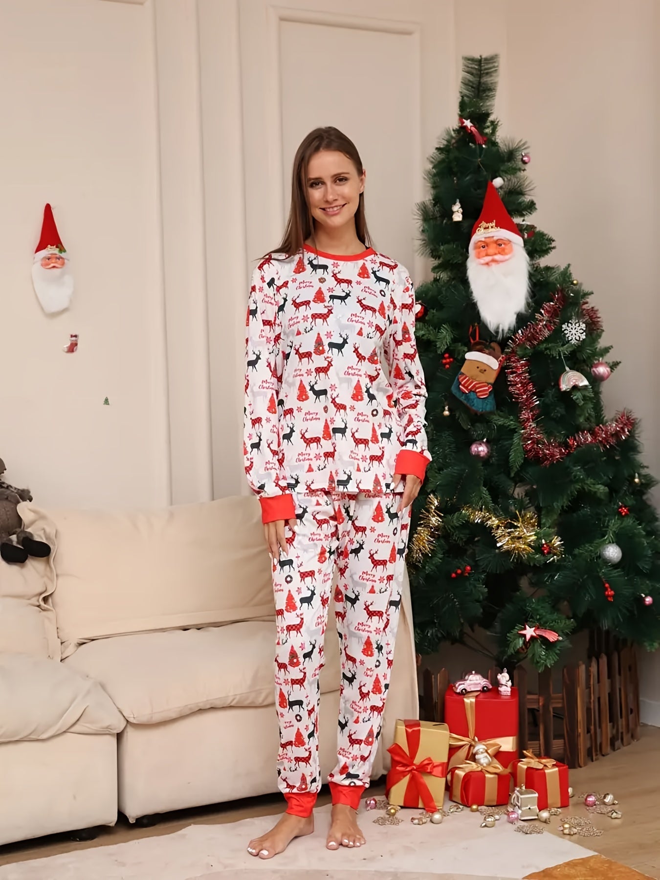 Christmas Elk Print Pajama Set Long Sleeve Top & Pants