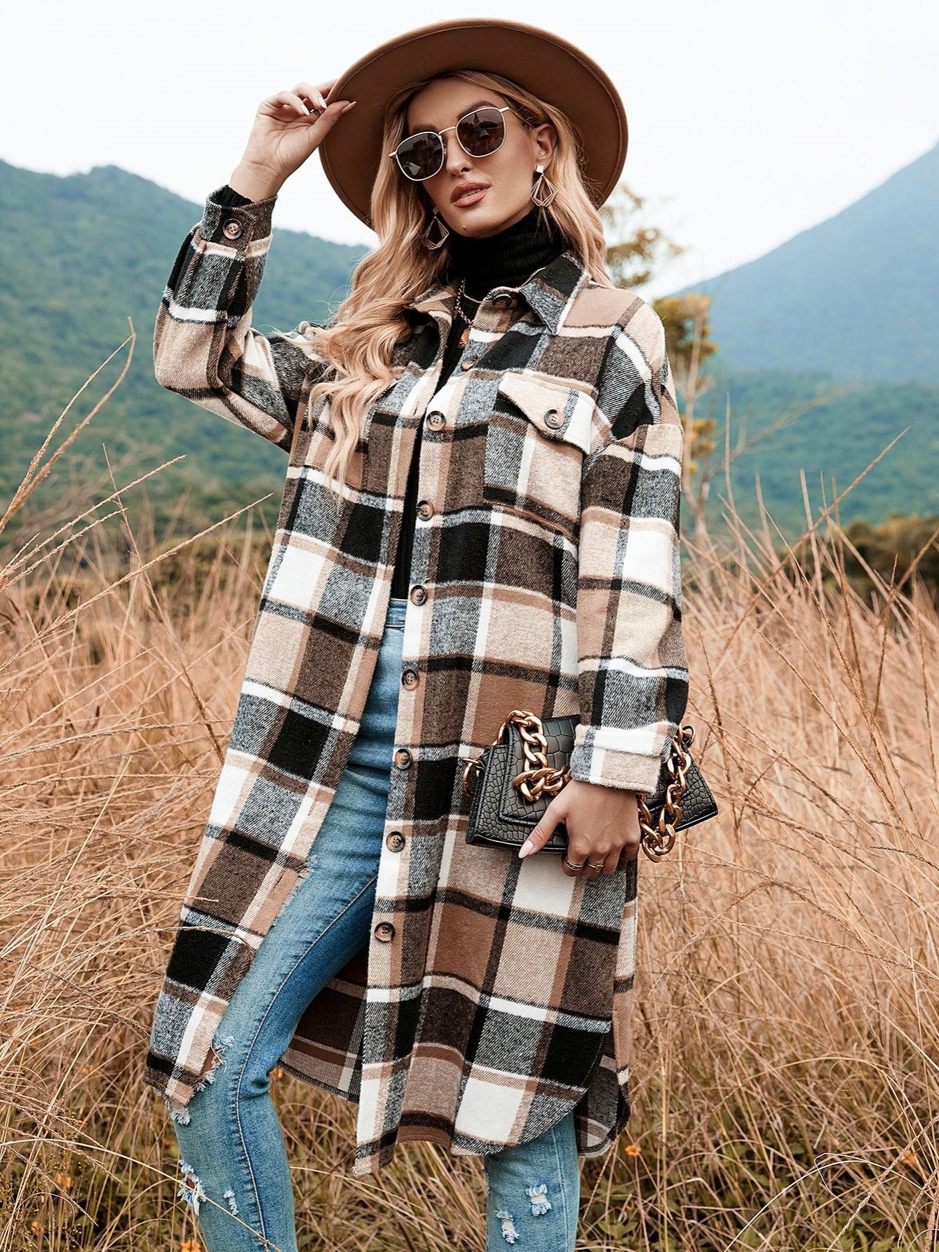 Long Sleeve Plaid Shirt Jacket for Women