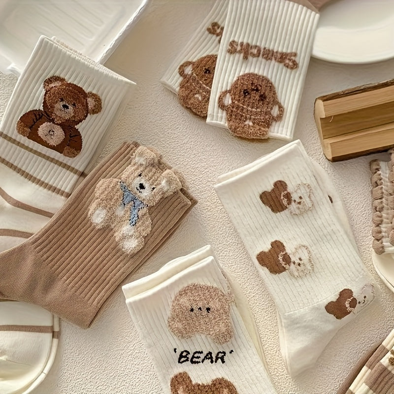 7 Pairs Cartoon Bear Print Socks Women's Stockings & Hosiery