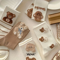 7 Pairs Cartoon Bear Print Socks Women's Stockings & Hosiery