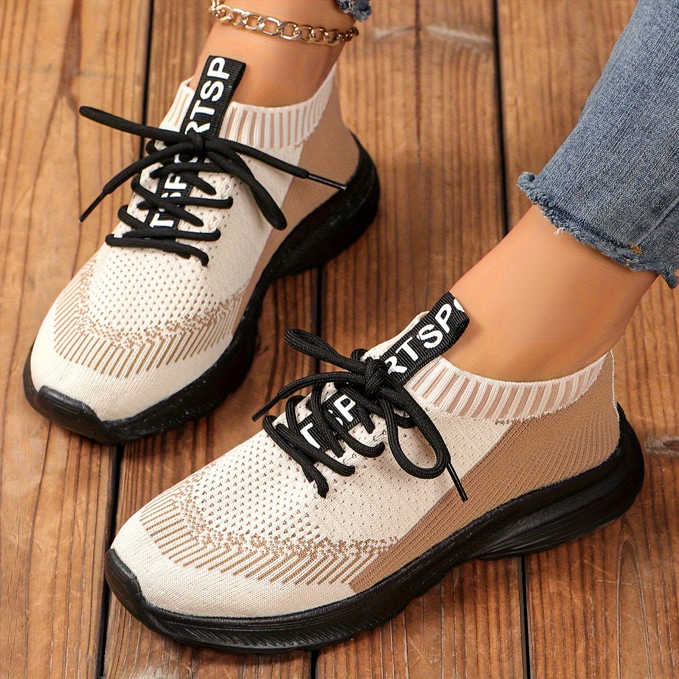 Women's Knit Lace Up Sports Sneakers Non Slip Walking Shoes