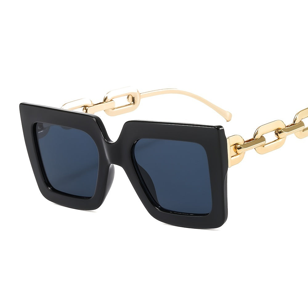 Oversized Square Sunglasses Metal Chain Temple UV Protection