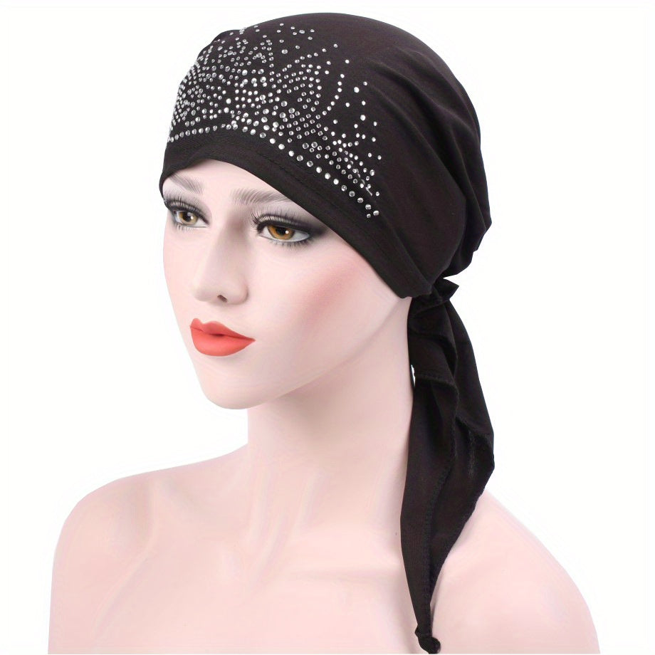 Ramadan Head Scarf Turban Cap Rhinestone Satin Head Wrap Bandana