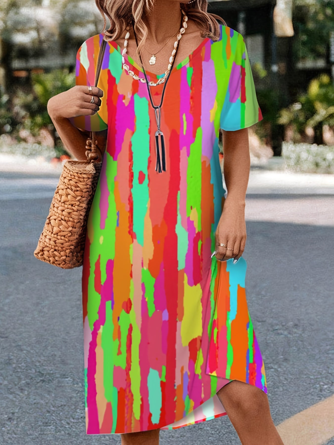 Splash Ink Print Dress V Neck Short Sleeve Casual Dress
