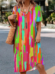 Splash Ink Print Dress V Neck Short Sleeve Casual Dress