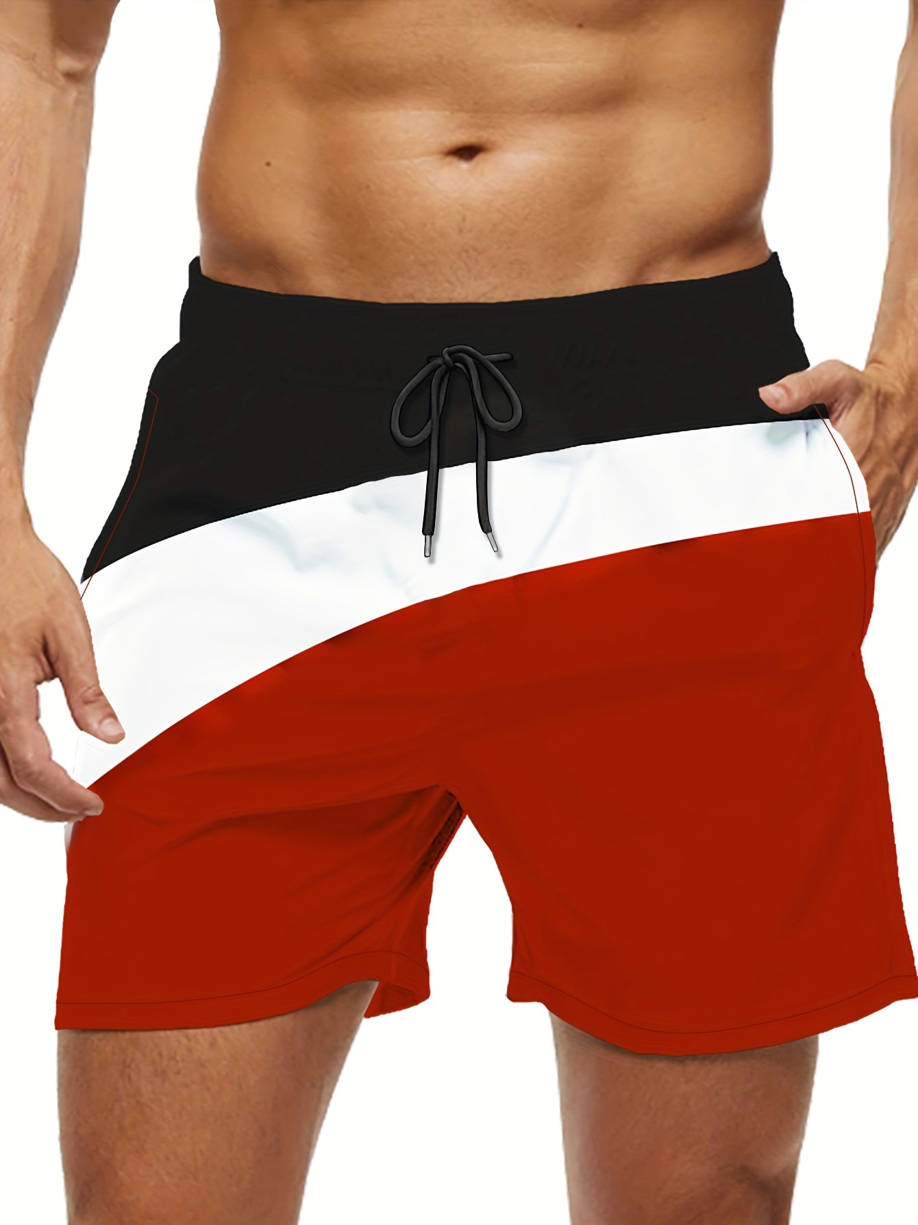 Block Pattern Print Men's Swim Trunks Quick Dry Drawstring Beach Shorts