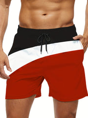Block Pattern Print Men's Swim Trunks Quick Dry Drawstring Beach Shorts