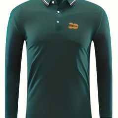 Men's Peanut Print Polo Shirt Stretch Button Up Long Sleeve for Spring Fall