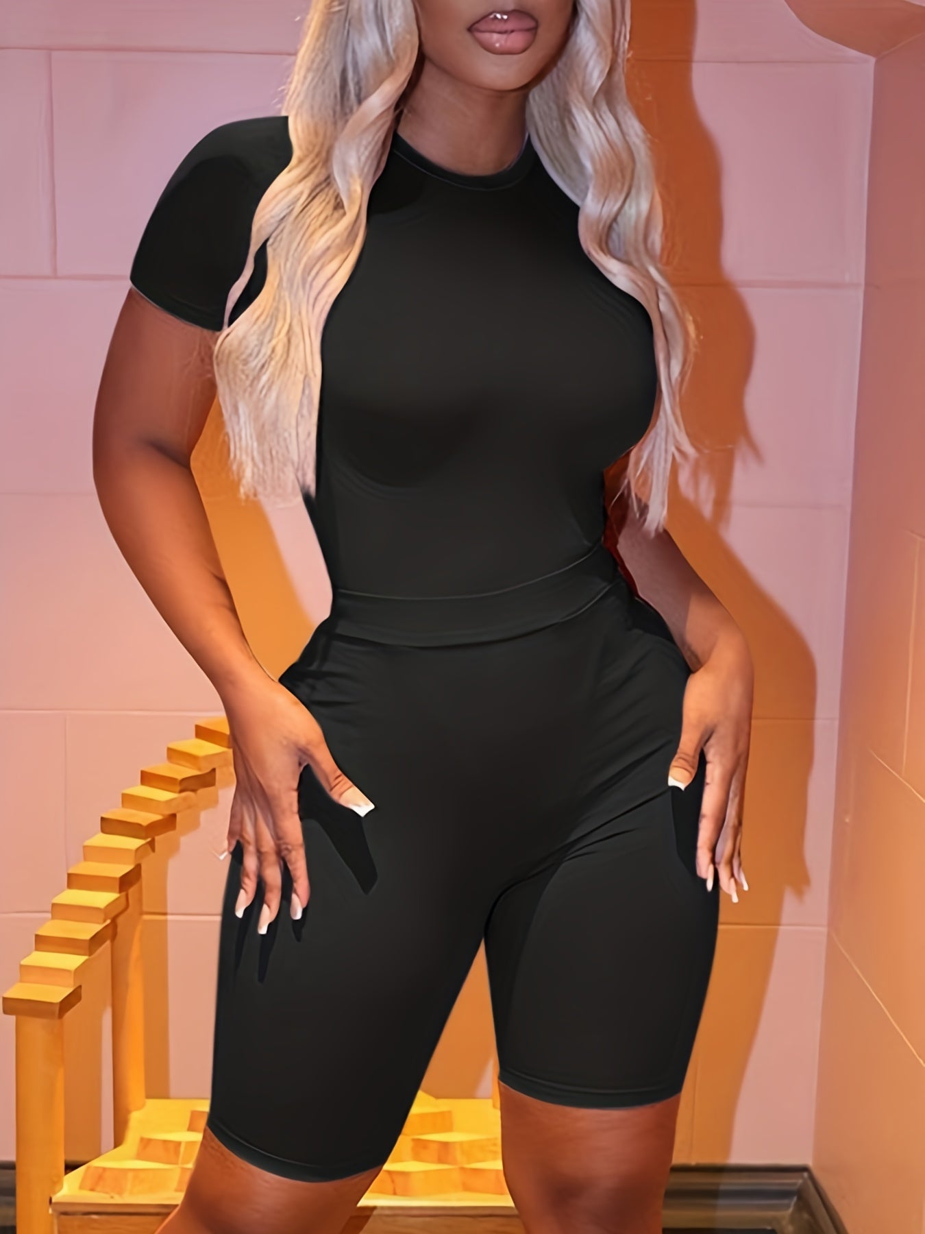 Casual Matching Two piece Set Short Sleeve Bodysuit & Solid Shorts