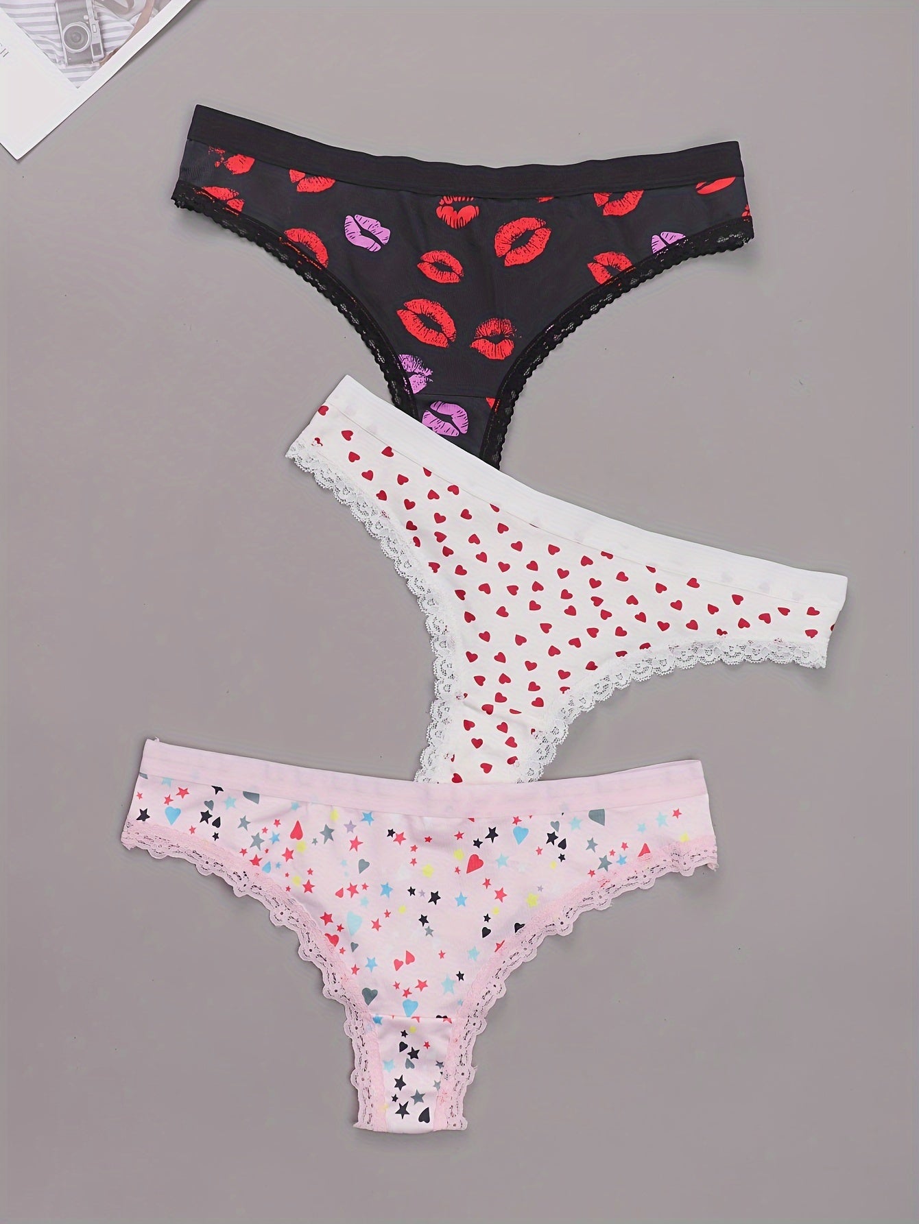 3 Pack Plus Size Panties Set Women's Plus Star & Heart & Kiss Print
