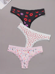 3 Pack Plus Size Panties Set Women's Plus Star & Heart & Kiss Print