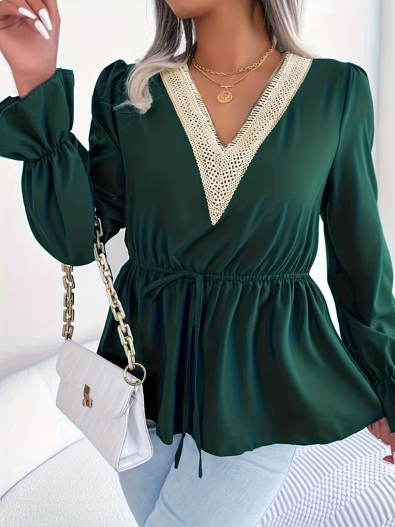 Women's Plus Solid Long Bell Sleeve Applique V Neck Drawstring Waist Blouse