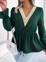 Women's Plus Solid Long Bell Sleeve Applique V Neck Drawstring Waist Blouse
